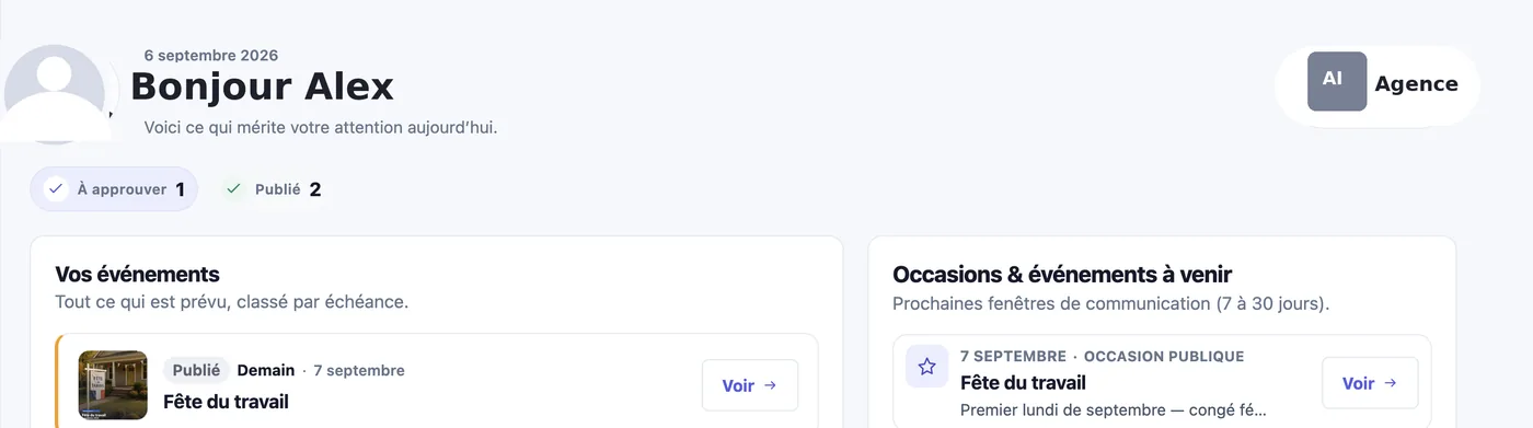 Tableau de bord Occaso listant les événements à venir et les occasions à créer