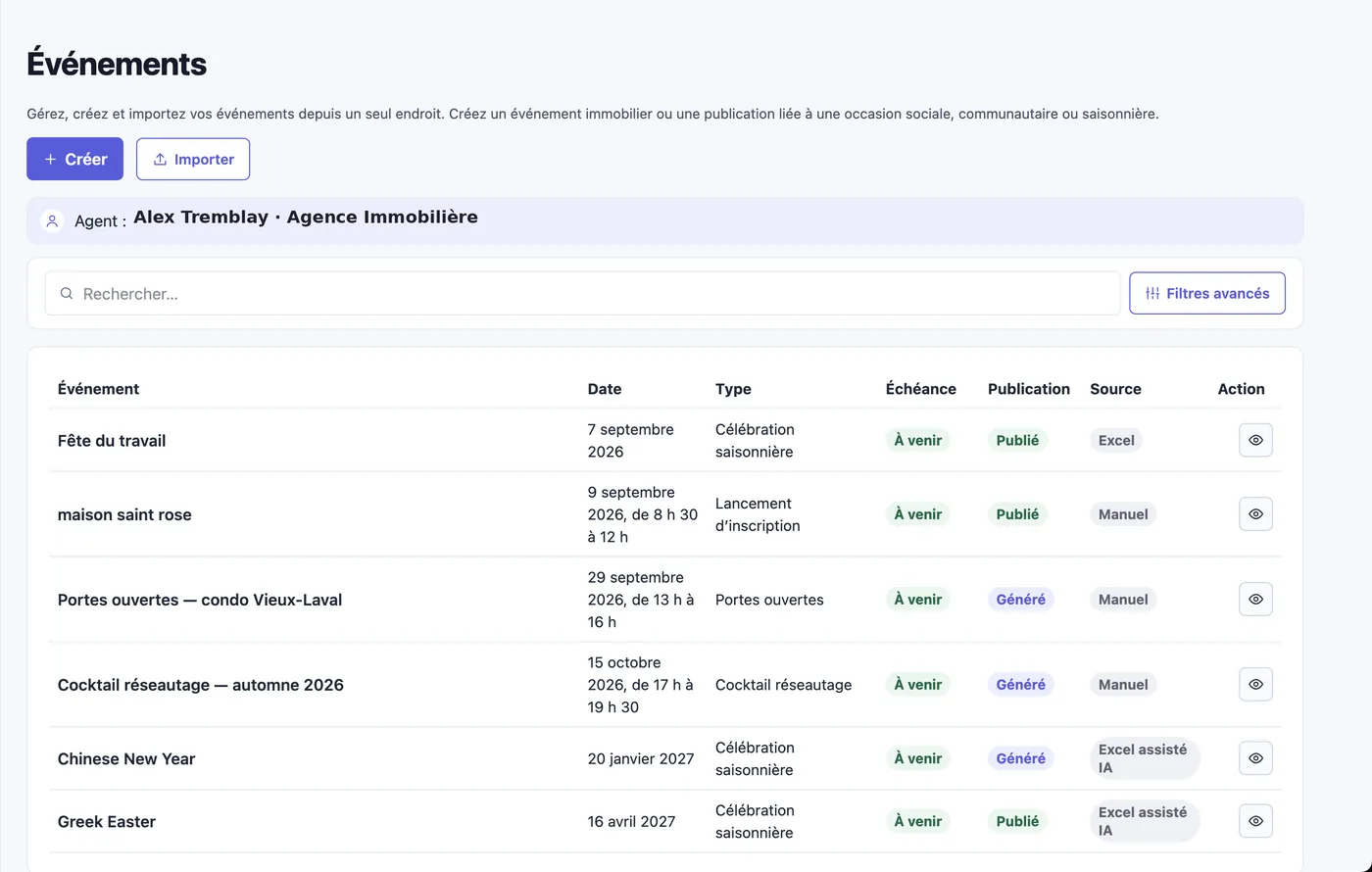 Liste des événements Occaso avec dates, types et statuts de publication