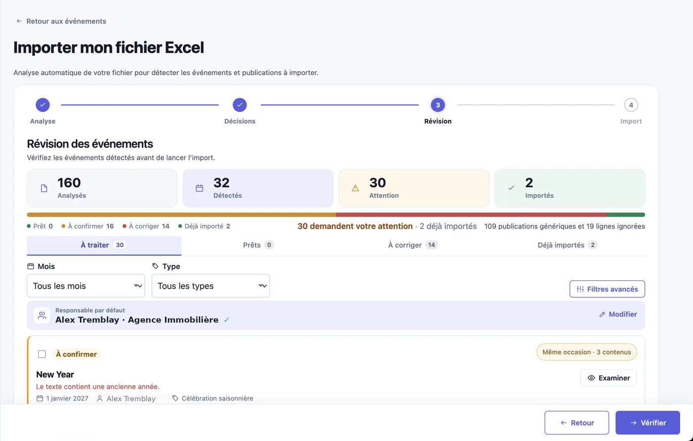 Écran de révision des événements détectés après un import Excel